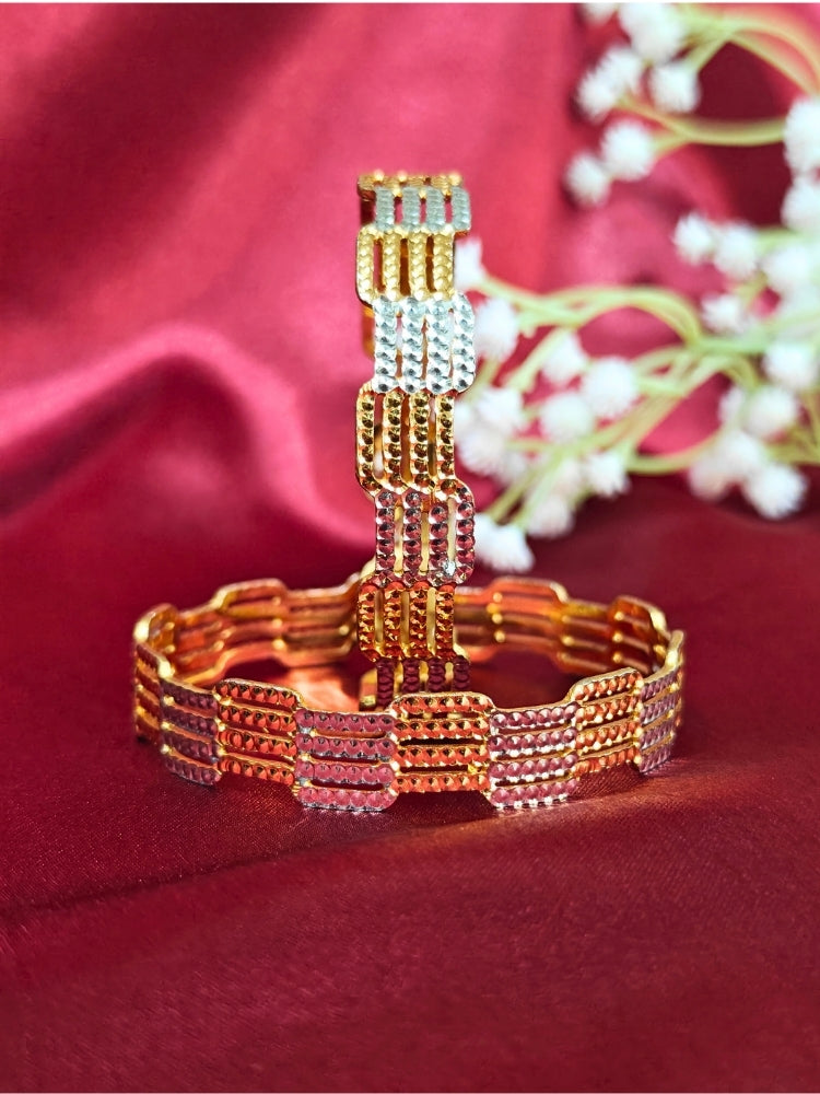 Close-up of an ornate traditional (Gold Polish) Gold & Silver Bangles Set. It’s comfortable and lightweight enough for everyday wear, and it also looks absolutely beautiful and elegant. The design is stylish, the finish is impressive, and it feels really pleasant to wear all day.