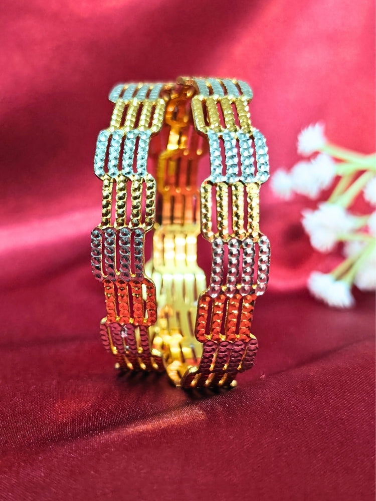 Close-up of an ornate traditional (Gold Polish) Gold & Silver Bangles Set. It’s comfortable and lightweight enough for everyday wear, and it also looks absolutely beautiful and elegant. The design is stylish, the finish is impressive, and it feels really pleasant to wear all day.