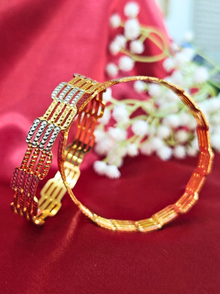 Close-up of an ornate traditional (Gold Polish) Gold & Silver Bangles Set. It’s comfortable and lightweight enough for everyday wear, and it also looks absolutely beautiful and elegant. The design is stylish, the finish is impressive, and it feels really pleasant to wear all day.