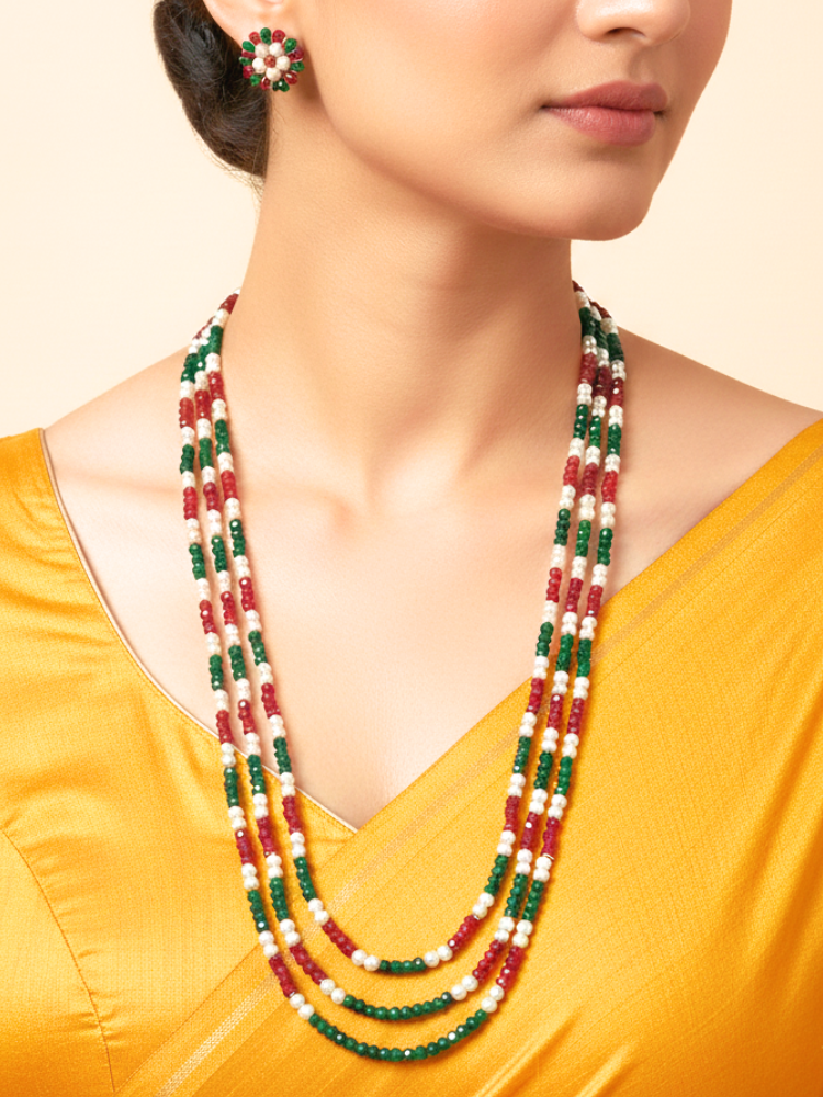 Tarana Red, Green & White Pearl Necklace Set