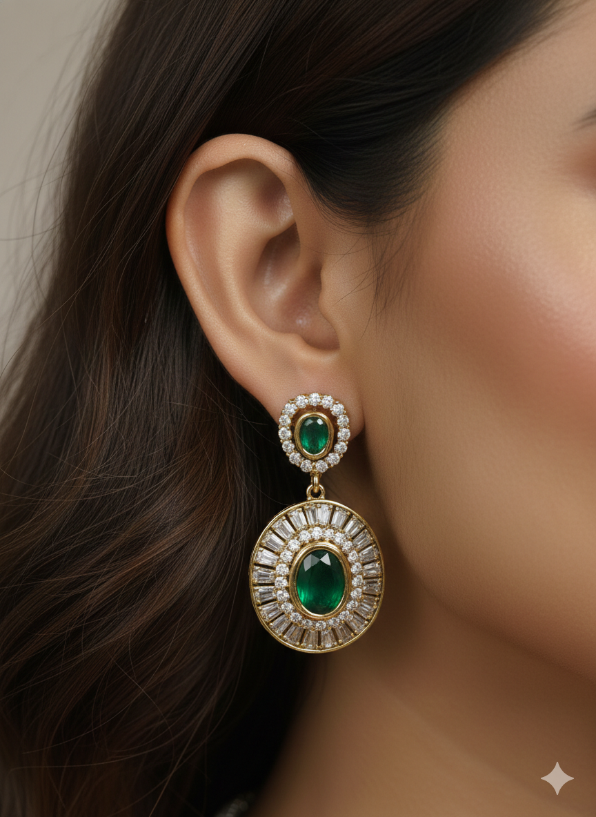Close-up of a woman wearing an ornate Indo-western Dark Green (Dull gold) Hasli Diamond jewellery set and earrings with American Diamond and Colored Stones. Wedding guest wearing a sparkling American diamond necklace with a saree.
Close-up shot of a high-quality American diamond artificial necklace worn for festive celebrations.