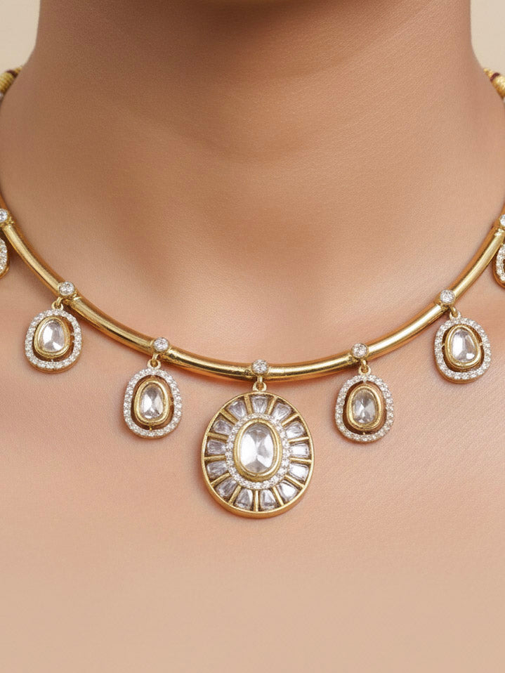Close-up of a woman wearing an ornate Indo-western White (Dull gold) Hasli Diamond jewellery set and earrings with American Diamond. Wedding guest wearing a sparkling American diamond necklace with a saree.
Close-up shot of a high-quality American diamond artificial necklace worn for festive celebrations.