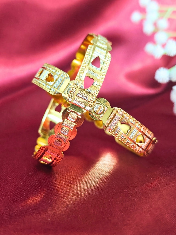 Close-up of an ornate traditional (Gold Polish) Bangles Set. It’s comfortable and lightweight enough for everyday wear, and it also looks absolutely beautiful and elegant. The design is stylish, the finish is impressive, and it feels really pleasant to wear all day.