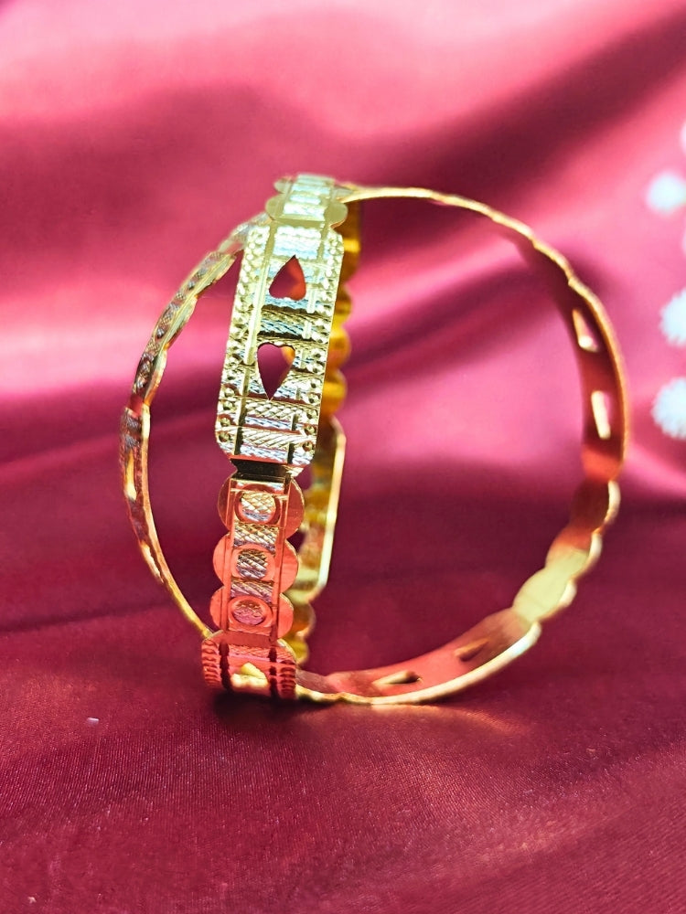 Close-up of an ornate traditional (Gold Polish) Bangles Set. It’s comfortable and lightweight enough for everyday wear, and it also looks absolutely beautiful and elegant. The design is stylish, the finish is impressive, and it feels really pleasant to wear all day.