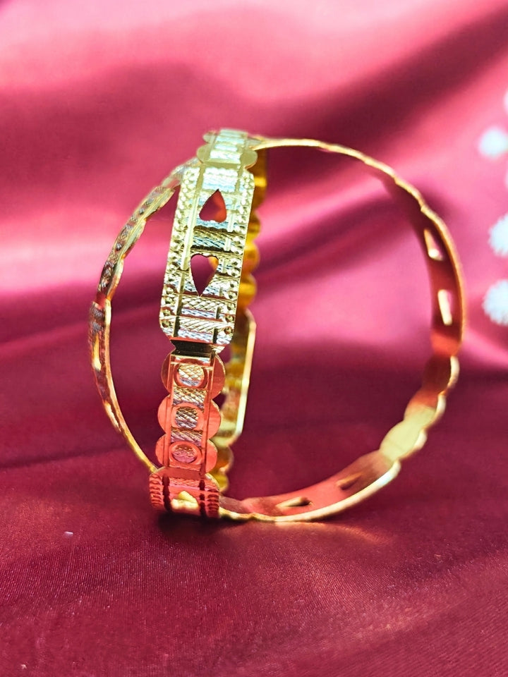 Close-up of an ornate traditional (Gold Polish) Bangles Set. It’s comfortable and lightweight enough for everyday wear, and it also looks absolutely beautiful and elegant. The design is stylish, the finish is impressive, and it feels really pleasant to wear all day.