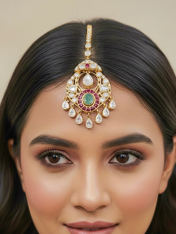Close-up of a woman wearing an ornate traditional (Bright Gold) Mint Green and Ruby Pink Choker jewellery set and earrings and maangtikka with Doublet Stone, Moissanite, Kundan, American Diamond and Ruby Pink & Mint Green colored Stone. Bridal photoshoot look styled with a luxury imitation Moissanite jewelry set. Bride showcasing a traditional yet modern artificial Moissanite jewelry set design.