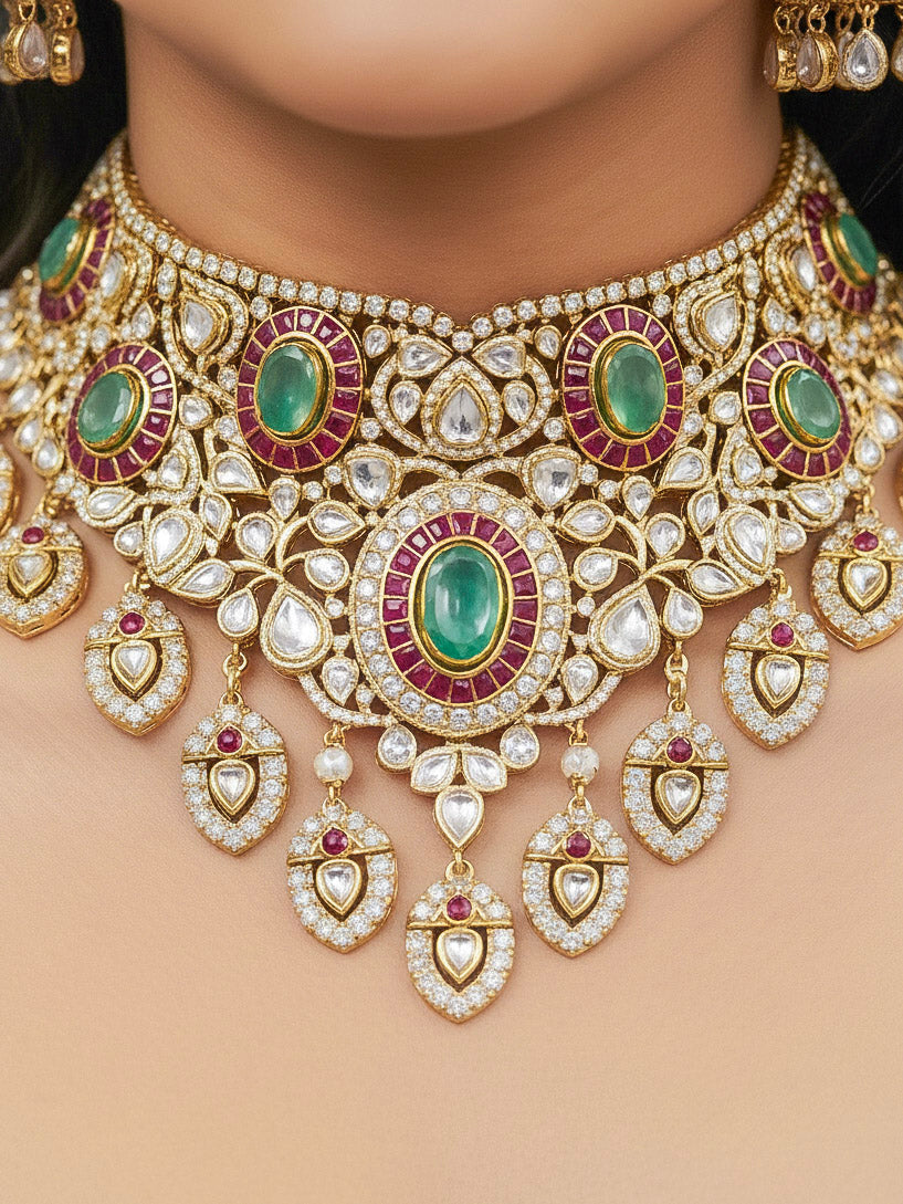 Close-up of a woman wearing an ornate traditional (Bright Gold) Mint Green and Ruby Pink Choker jewellery set and earrings and maangtikka with Doublet Stone, Moissanite, Kundan, American Diamond and Ruby Pink & Mint Green colored Stone. Bridal photoshoot look styled with a luxury imitation Moissanite jewelry set. Bride showcasing a traditional yet modern artificial Moissanite jewelry set design.