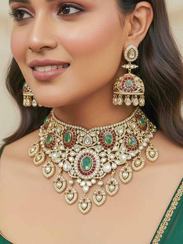 Close-up of a woman wearing an ornate traditional (Bright Gold) Mint Green and Ruby Pink Choker jewellery set and earrings and maangtikka with Doublet Stone, Moissanite, Kundan, American Diamond and Ruby Pink & Mint Green colored Stone. Bridal photoshoot look styled with a luxury imitation Moissanite jewelry set. Bride showcasing a traditional yet modern artificial Moissanite jewelry set design.