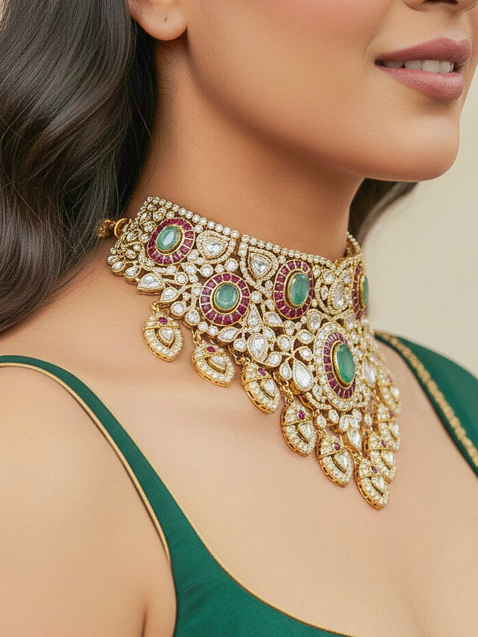 Close-up of a woman wearing an ornate traditional (Bright Gold) Mint Green and Ruby Pink Choker jewellery set and earrings and maangtikka with Doublet Stone, Moissanite, Kundan, American Diamond and Ruby Pink & Mint Green colored Stone. Bridal photoshoot look styled with a luxury imitation Moissanite jewelry set. Bride showcasing a traditional yet modern artificial Moissanite jewelry set design.