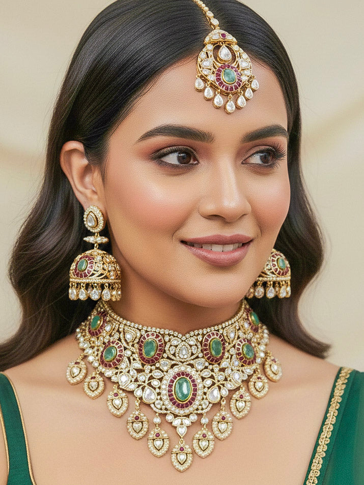 Close-up of a woman wearing an ornate traditional (Bright Gold) Mint Green and Ruby Pink Choker jewellery set and earrings and maangtikka with Doublet Stone, Moissanite, Kundan, American Diamond and Ruby Pink & Mint Green colored Stone. Bridal photoshoot look styled with a luxury imitation Moissanite jewelry set. Bride showcasing a traditional yet modern artificial Moissanite jewelry set design.