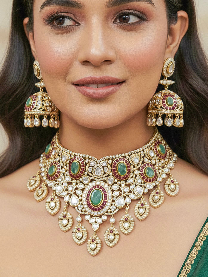 Close-up of a woman wearing an ornate traditional (Bright Gold) Mint Green and Ruby Pink Choker jewellery set and earrings and maangtikka with Doublet Stone, Moissanite, Kundan, American Diamond and Ruby Pink & Mint Green colored Stone. Bridal photoshoot look styled with a luxury imitation Moissanite jewelry set. Bride showcasing a traditional yet modern artificial Moissanite jewelry set design.