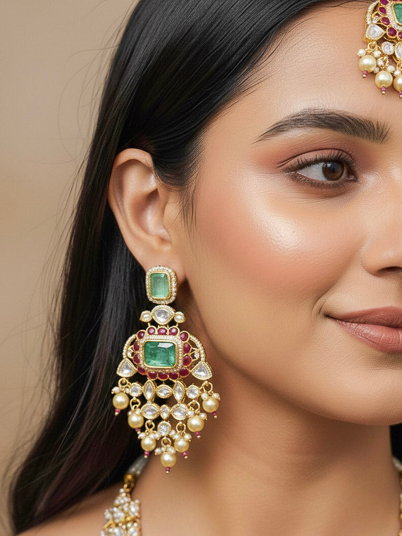 Close-up of a woman wearing an ornate traditional (Bright Gold) Mint Green and Ruby Pink jewellery set and earrings and maangtikka with American Diamond, Pink Colored Stones, Uncut Kundan, Pearls and Doublet Stone. Bride showcasing a premium imitation Moissanite  jewelry set for her reception look. Elegant Indian wedding look completed with luxury artificial  moissanite jewelry set. 
