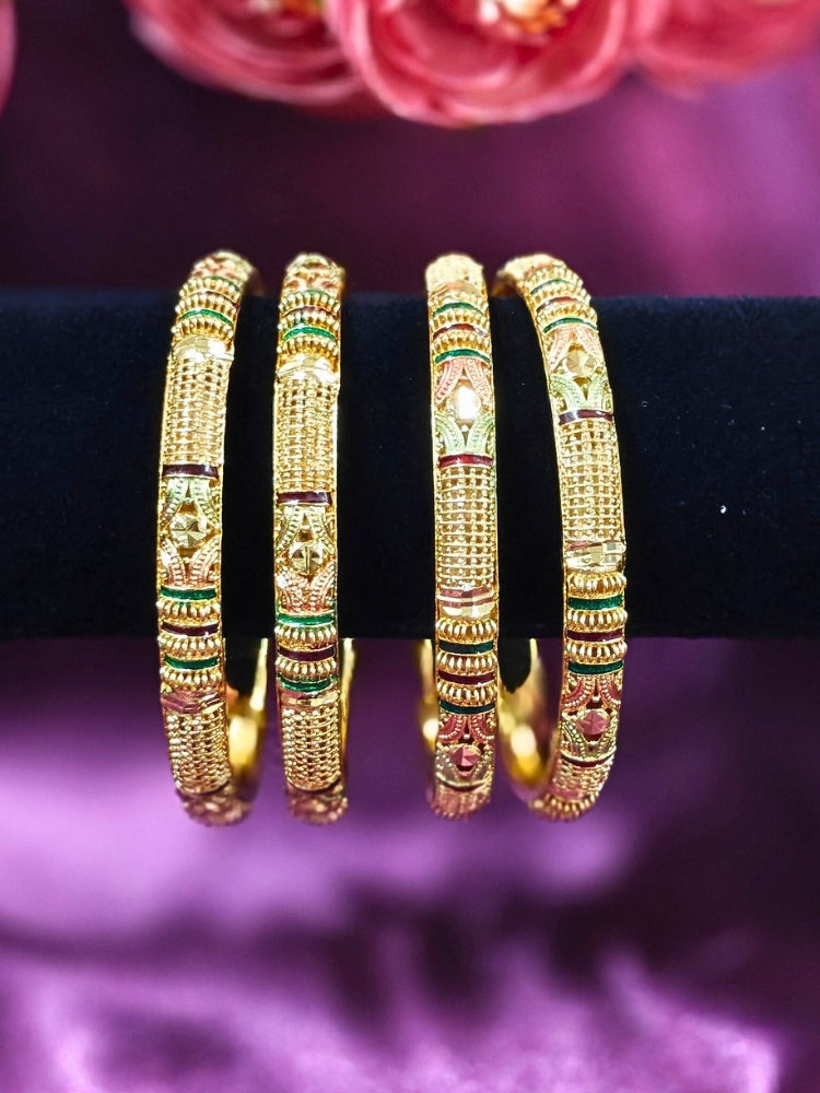Close-up of an ornate traditional (Gold Polish) White Bangles Set. It’s comfortable and lightweight enough for everyday wear, and it also looks absolutely beautiful and elegant. The design is stylish, the finish is impressive, and it feels really pleasant to wear all day.