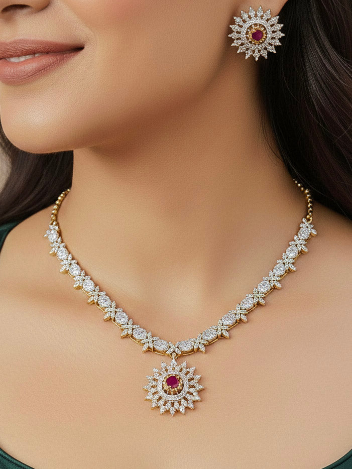 Close-up of a woman wearing an ornate Indo-western Multi-Color Changeable (Mehendi gold Polish) Collar jewellery set and earrings with American Diamond and Colored Stones. Party wear outfit completed with a lightweight American diamond necklace. Close-up shot of a high-quality American diamond artificial necklace worn for festive celebrations.