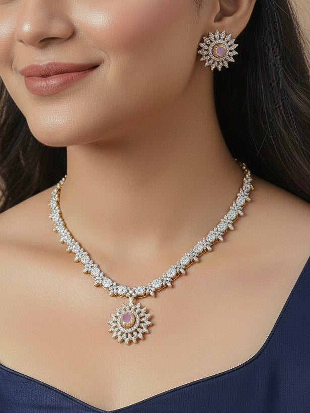 Close-up of a woman wearing an ornate Indo-western Multi-Color Changeable (Mehendi gold Polish) Collar jewellery set and earrings with American Diamond and Colored Stones. Party wear outfit completed with a lightweight American diamond necklace. Close-up shot of a high-quality American diamond artificial necklace worn for festive celebrations.