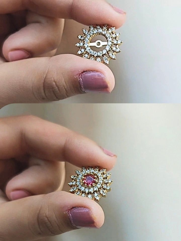 Close-up of an ornate Indo-western Multi-Color Changeable (Mehendi gold Polish) Collar jewellery set and earrings with American Diamond and Colored Stones. Party wear outfit completed with a lightweight American diamond necklace. Close-up shot of a high-quality American diamond artificial necklace worn for festive celebrations.