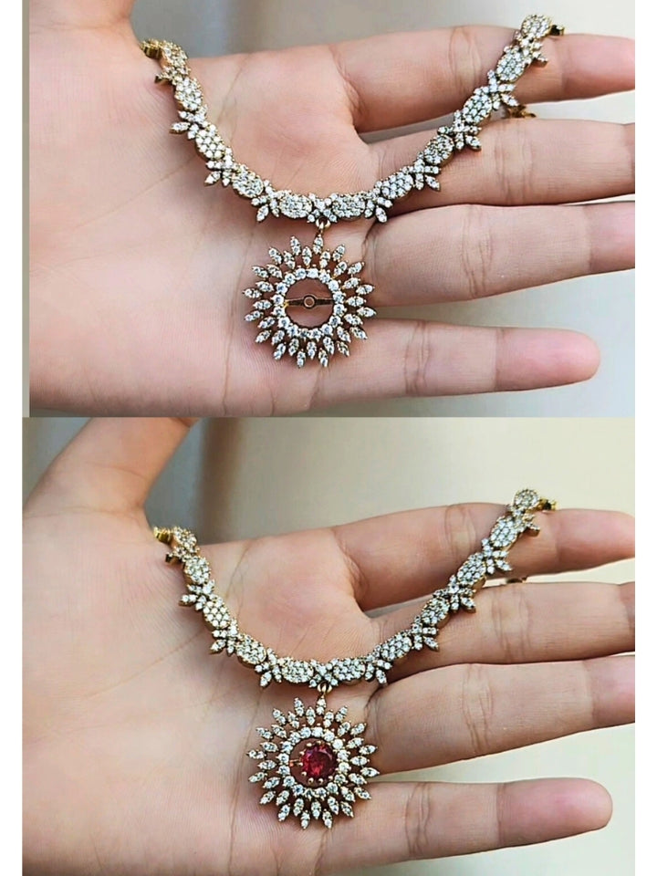 Close-up of an ornate Indo-western Multi-Color Changeable (Mehendi gold Polish) Collar jewellery set and earrings with American Diamond and Colored Stones. Party wear outfit completed with a lightweight American diamond necklace. Close-up shot of a high-quality American diamond artificial necklace worn for festive celebrations.