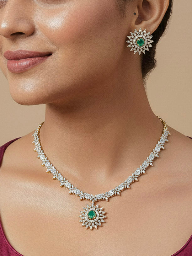 Close-up of a woman wearing an ornate Indo-western Multi-Color Changeable (Mehendi gold Polish) Collar jewellery set and earrings with American Diamond and Colored Stones. Party wear outfit completed with a lightweight American diamond necklace. Close-up shot of a high-quality American diamond artificial necklace worn for festive celebrations.