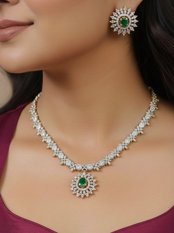 Close-up of a woman wearing an ornate Indo-western Multi-Color Changeable (Mehendi gold Polish) Collar jewellery set and earrings with American Diamond and Colored Stones. Party wear outfit completed with a lightweight American diamond necklace. Close-up shot of a high-quality American diamond artificial necklace worn for festive celebrations.