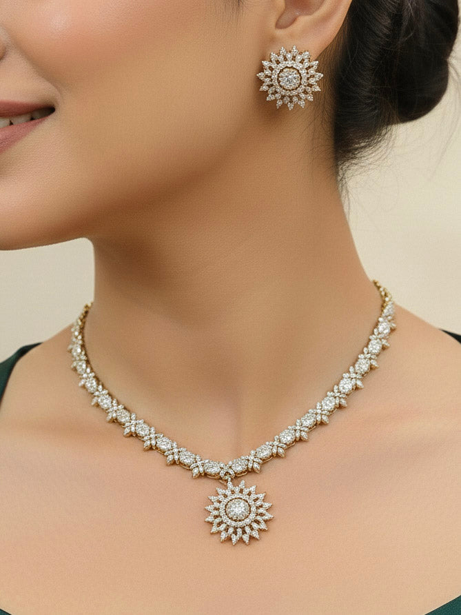 Close-up of a woman wearing an ornate Indo-western Multi-Color Changeable (Mehendi gold Polish) Collar jewellery set and earrings with American Diamond and Colored Stones. Party wear outfit completed with a lightweight American diamond necklace. Close-up shot of a high-quality American diamond artificial necklace worn for festive celebrations.