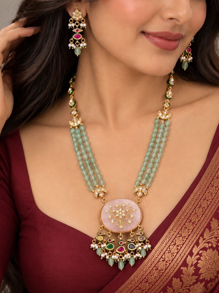 Dhanashri Kundan Mint Green Long Necklace Set