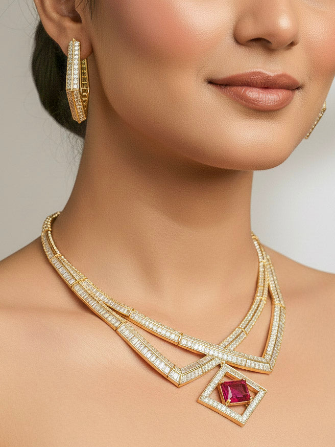 "Close-up of a model in luxurious artificial diamond jewelry featuring a designer diamond necklace with red colored stone and earrings set, crafted for bridal fashion and high-end weddings. This beautiful diamond jewelry set offers the brilliance of real diamonds at an affordable price."