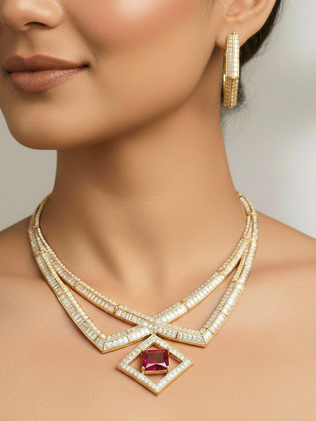 "Close-up of a woman wearing a sparkling artificial diamond necklace with red colored stone and diamond earrings set, designed to offer a radiant, elegant look for any formal occasion or Indian wedding. This affordable diamond jewelry provides a flawless, luxurious alternative to natural diamonds."
