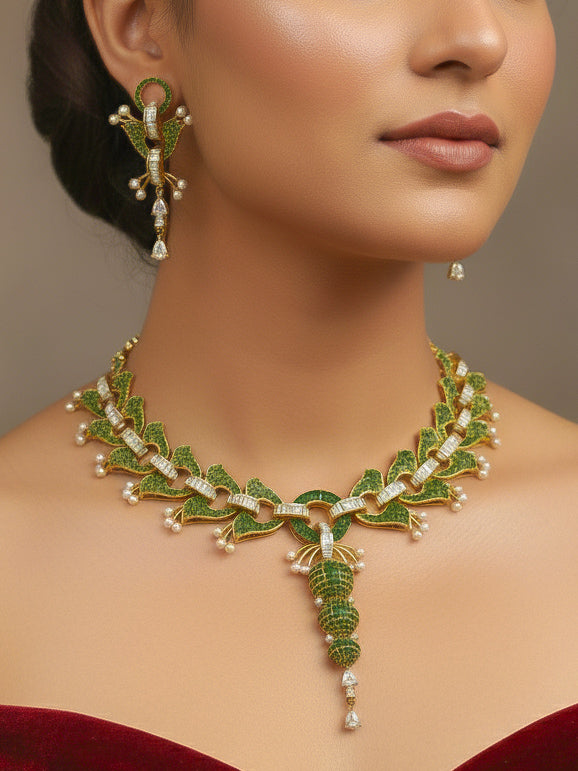 "Close-up of a model in luxurious artificial diamond jewelry featuring a designer diamond necklace and earrings set, crafted for bridal fashion and high-end weddings. This beautiful diamond jewelry set offers the brilliance of real diamonds at an affordable price."
