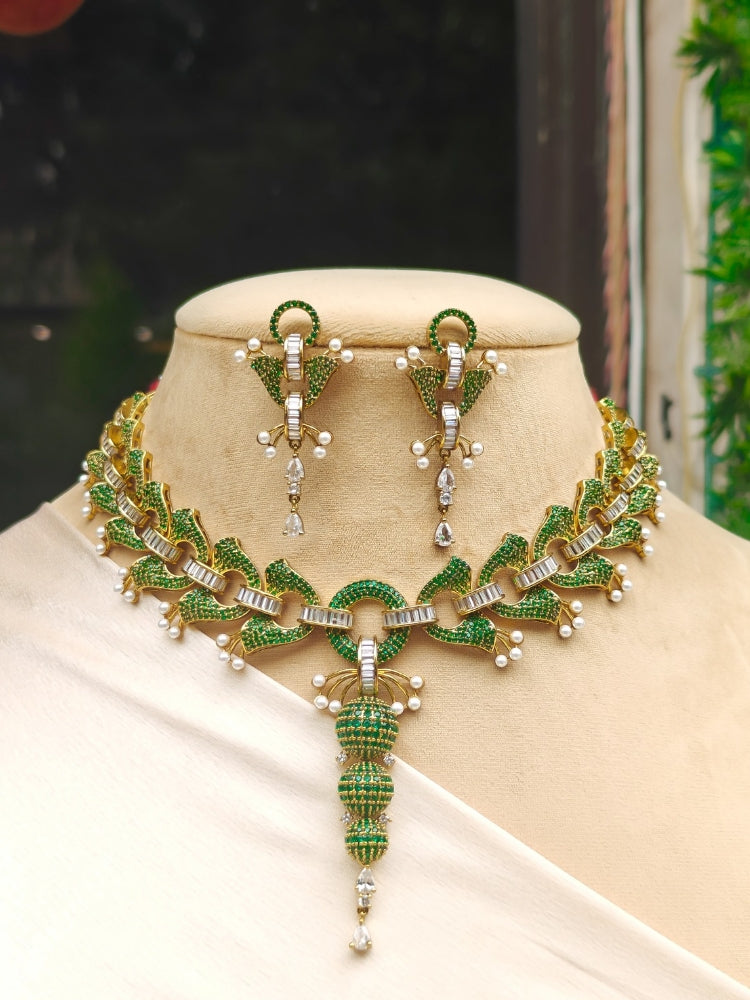 "Close-up of a woman wearing a  sparkling artificial diamond necklace and diamond earrings set, designed to offer a radiant, elegant look for any formal occasion or Indian wedding. This affordable diamond jewelry provides a flawless, luxurious alternative to natural diamonds."
