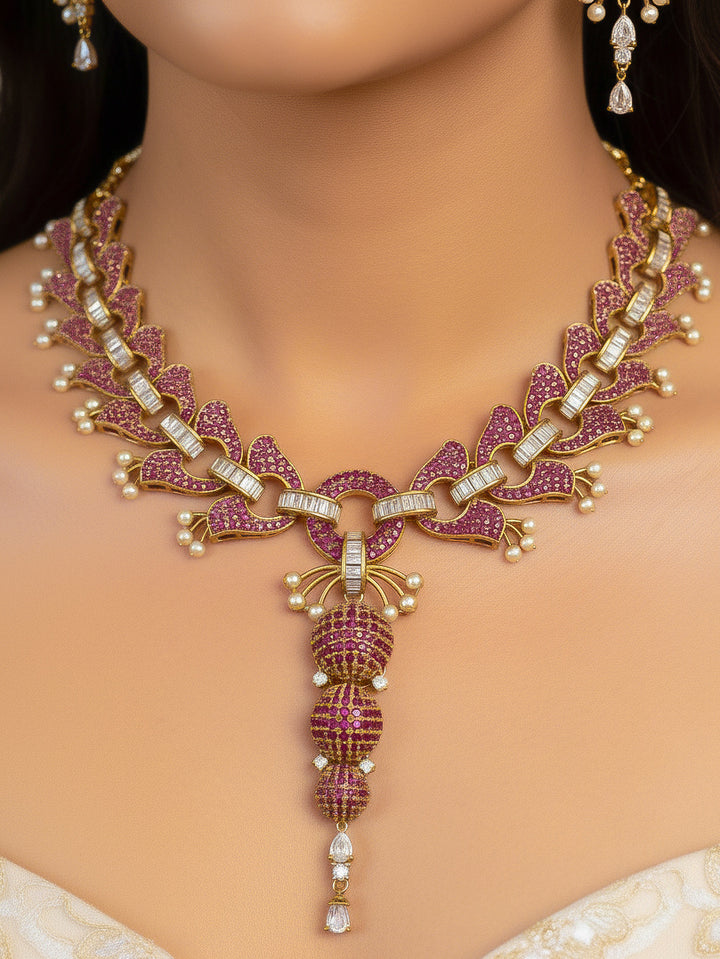 "A woman showcasing a beautiful artificial   diamond necklace and earrings set, ideal for festivals, family gatherings, and special celebrations in India. This elegant diamond jewelry provides the perfect blend of sparkle and tradition, with a modern twist."