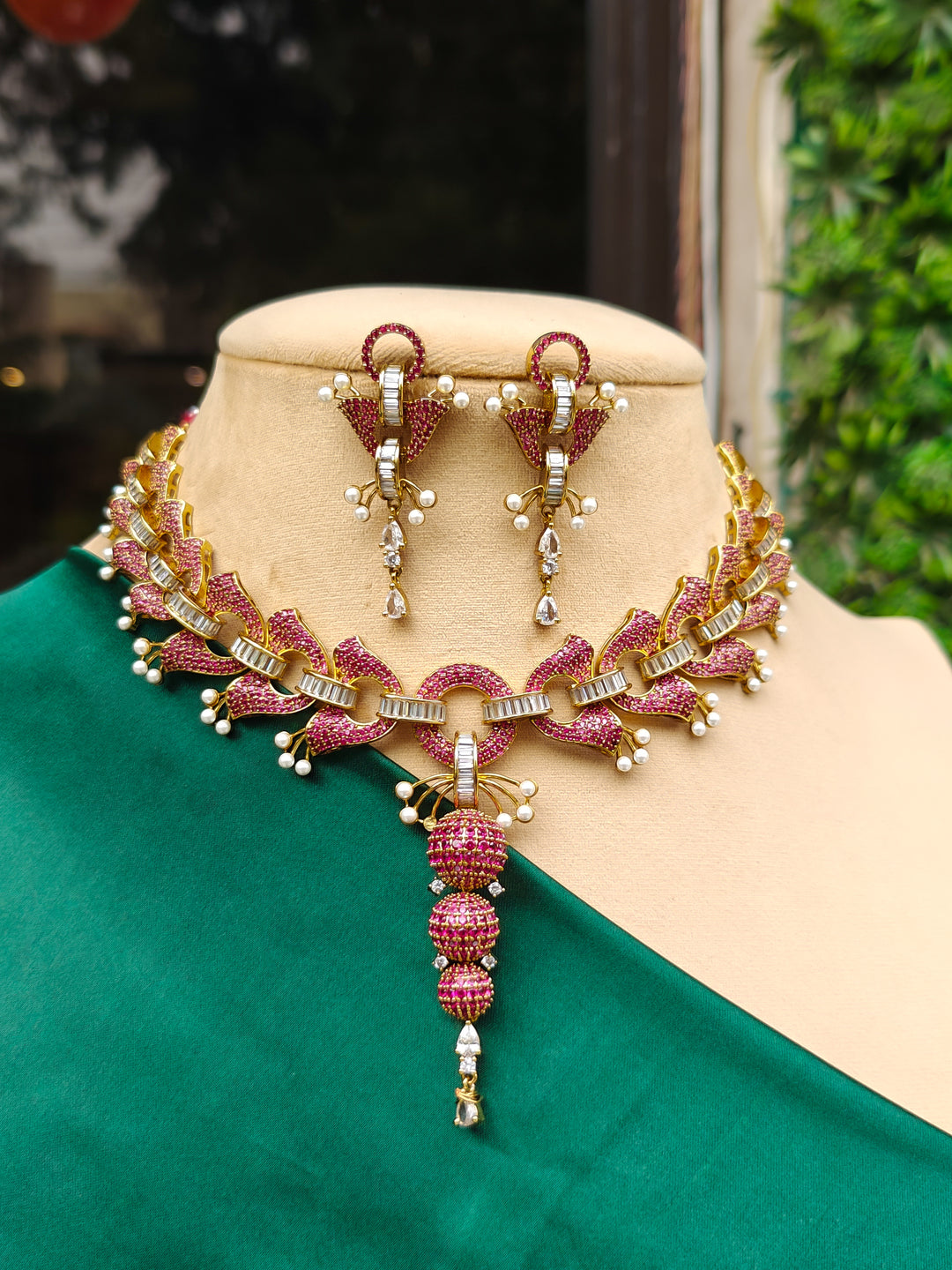 "A stunning woman wearing a glamorous artificial diamond necklace paired with chic earrings, perfect for bridal wear. This high-quality artificial diamond jewelry set is the ideal choice for modern brides looking for a budget-friendly option with timeless sparkle."
