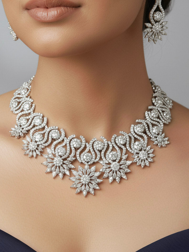 "A beautiful woman wearing an elegant artificial diamond necklace and matching earrings and matching maangtikka. This premium artificial diamond jewelry set is perfect for special occasions, from Indian weddings to engagement parties, offering sophisticated glamour without the high price tag."