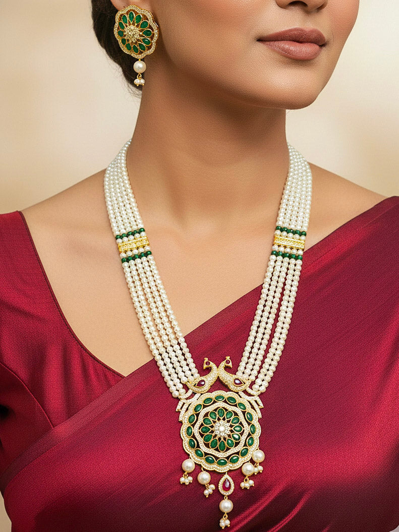 Close-up of a woman wearing an ornate traditional (Gold Polish) White Long Jewellery Set and Earrings with Colored Stones, Pearl and American Dimaonds.  Wedding guest wearing a lightweight Kundan necklace for a Wedding function. Woman wearing trending Pearl artificial jewelry for wedding season in India.