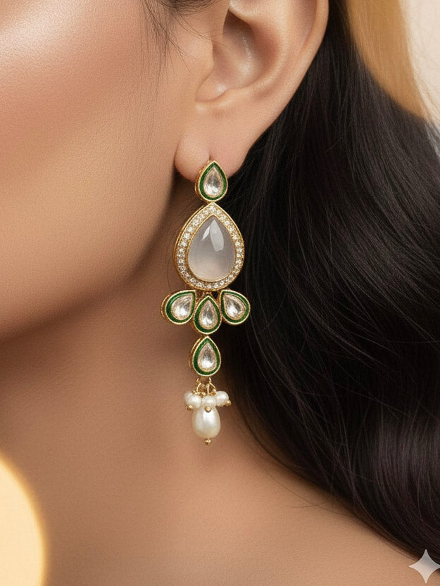 Close-up of a woman wearing an ornate traditional Whitish Grey Choker jewellery set and earrings and maangtikka with Kundan, Monalisa Stone, American Diamonds, Beads and Reverse American Diamonds and tumble stones. A graceful woman wearing a trending Colored Stone necklace for a 2026 wedding celebration. Elegant wedding jewelry look featuring a premium artificial Colored Stone necklace.