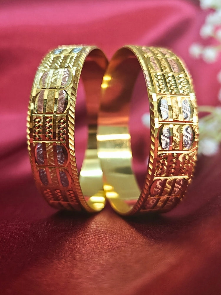 Close-up of an ornate traditional (Gold Polish) Bangles Set. It’s comfortable and lightweight enough for everyday wear, and it also looks absolutely beautiful and elegant. The design is stylish, the finish is impressive, and it feels really pleasant to wear all day.