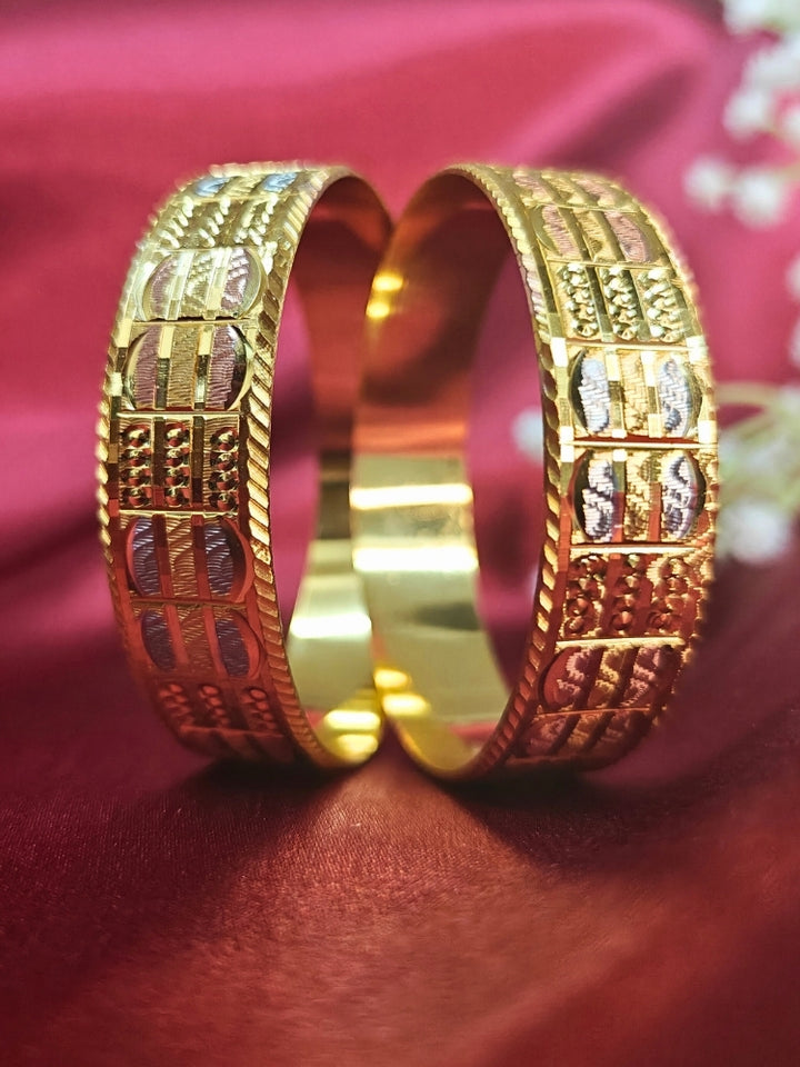 Close-up of an ornate traditional (Gold Polish) Bangles Set. It’s comfortable and lightweight enough for everyday wear, and it also looks absolutely beautiful and elegant. The design is stylish, the finish is impressive, and it feels really pleasant to wear all day.