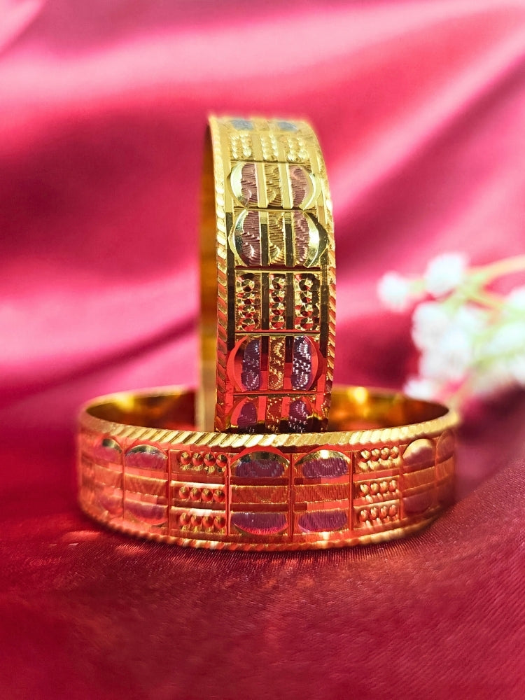 Close-up of an ornate traditional (Gold Polish) Bangles Set. It’s comfortable and lightweight enough for everyday wear, and it also looks absolutely beautiful and elegant. The design is stylish, the finish is impressive, and it feels really pleasant to wear all day.