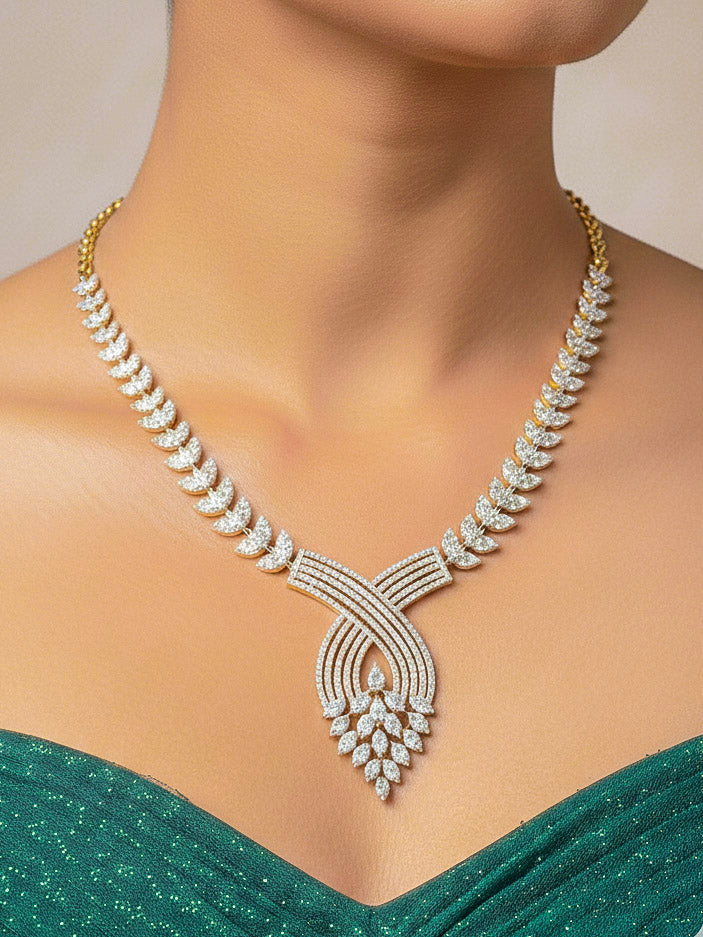 Close-up of a women wearing an ornate Western American Diamond Gold Collar jewellery set and earrings with American Diamond. Close-up of a featuring an anti-tarnish American diamond artificial necklace. A luxury American diamond necklace set styled beautifully for a wedding guest look in India.