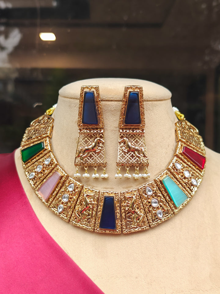 "A stunning woman wearing a glamorous artificial diamond and multi colored stone amrapali necklace paired with chic earrings, perfect for bridal wear. This high-quality artificial diamond jewelry set is the ideal choice for modern brides looking for a budget-friendly option with timeless sparkle."