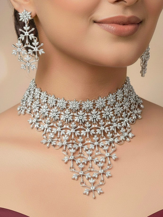 A stunning woman wearing a glamorous artificial diamond choker necklace paired with chic earrings, perfect for bridal wear. This high-quality artificial diamond jewelry set is the ideal choice for modern brides looking for a budget-friendly option with timeless sparkle."