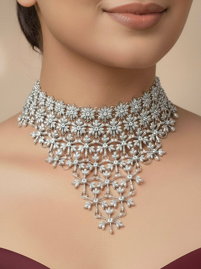 "Close-up of a model in luxurious artificial diamond jewelry featuring a designer diamond choker necklace and earrings set, crafted for bridal fashion and high-end weddings. This beautiful diamond jewelry set offers the brilliance of real diamonds at an affordable price."
