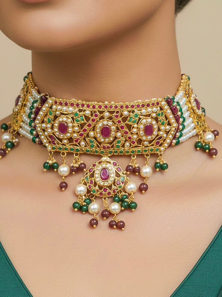 Close-up of a woman wearing an ornate traditional Choker jadau gold jewellery set and  jadau earrings with crystals beads and gemstones. Perfect Jadau necklace set for weddings and festivals. Bride showcasing a royal Jadau necklace set in India.