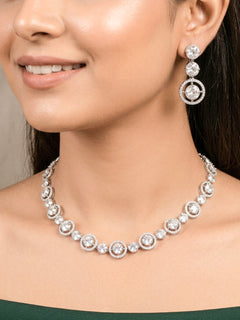 Woman wearing the Zorah silver American Diamond collar necklace set
