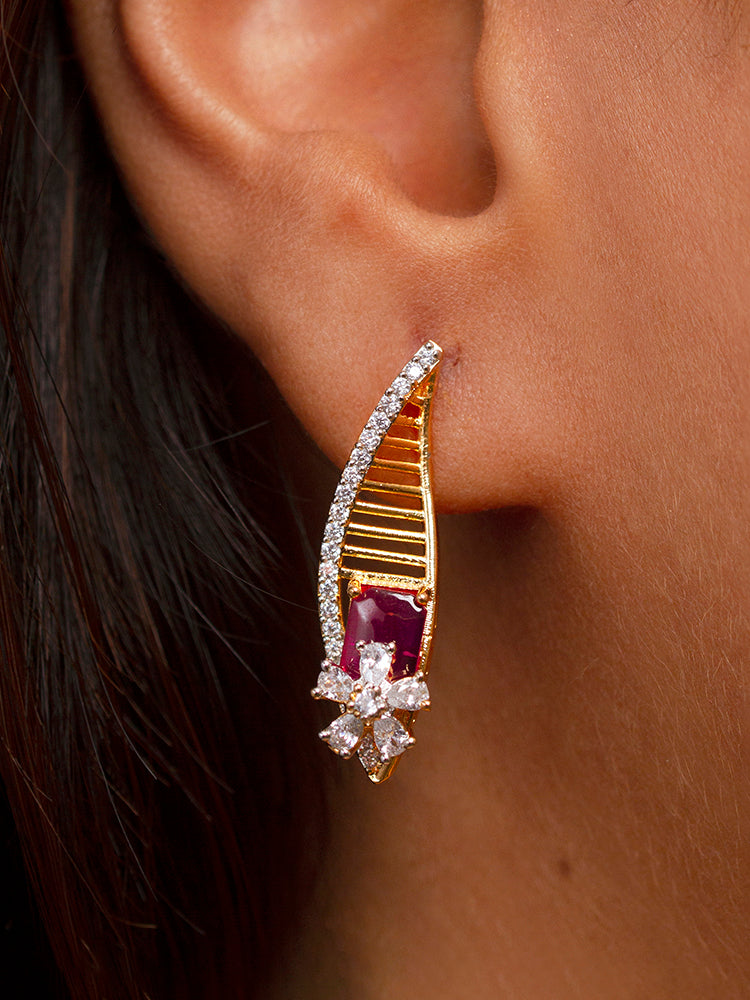 Close-up of a woman wearing a sparkling artificial diamond necklace with red colored stone and diamond earrings set, designed to offer a radiant, elegant look for any formal occasion or Indian wedding. This affordable diamond jewelry provides a flawless, luxurious alternative to natural diamonds.