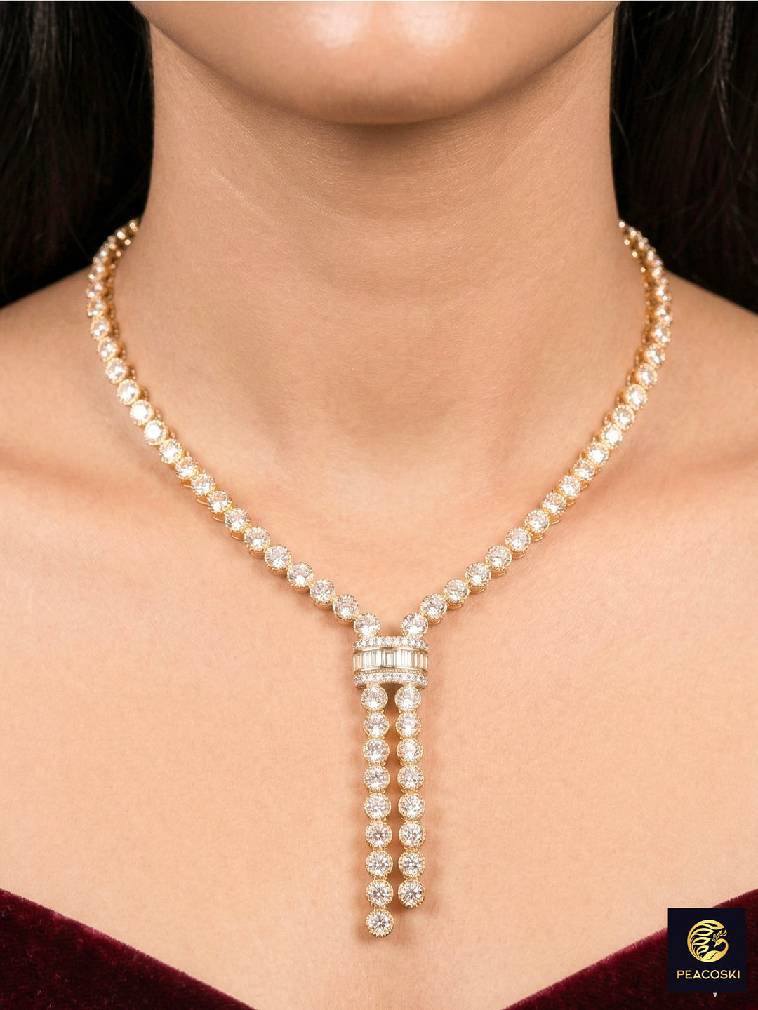 Close-up of a woman wearing an ornate Western Diamond gold Collar jewellery set and earrings with American Diamond. A graceful woman wearing a trending American diamond necklace for a 2026 Reception celebration. Close-up of a cocktail party look featuring a premium American diamond necklace.