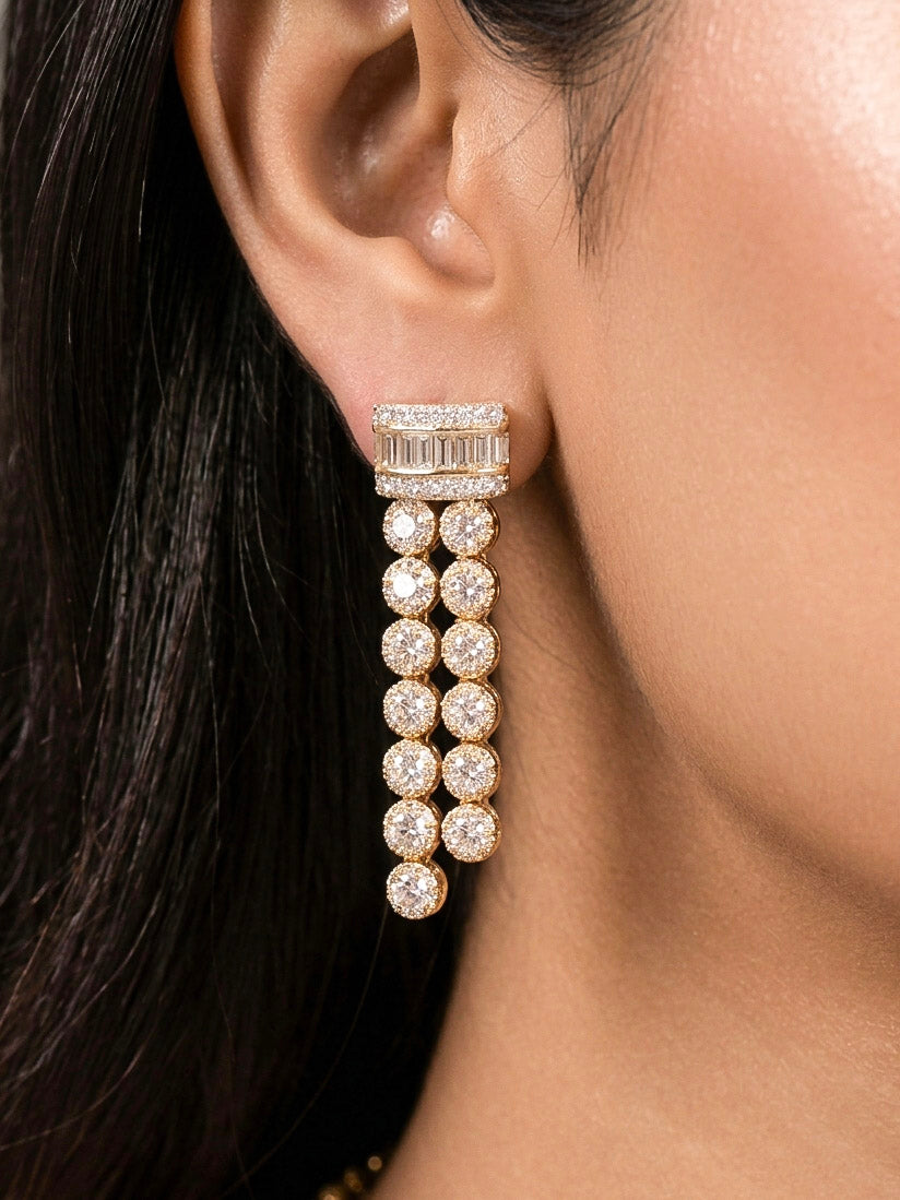 Close-up of a woman wearing an ornate Western Diamond gold Collar jewellery set and earrings with American Diamond. A graceful woman wearing a trending American diamond necklace for a 2026 Reception celebration. Close-up of a cocktail party look featuring a premium American diamond necklace.