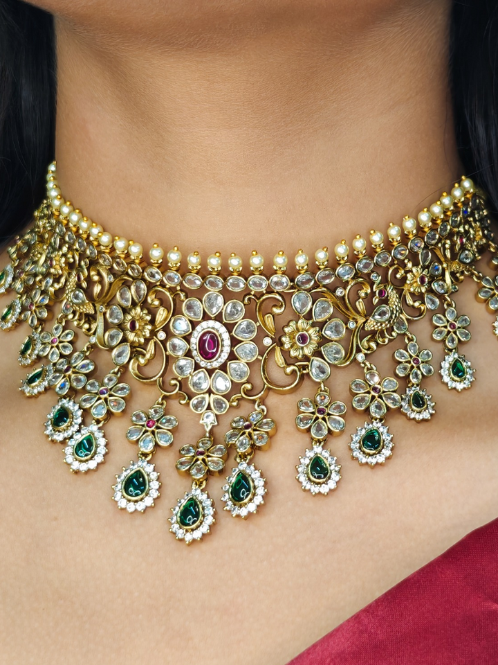 American Diamond choker necklace set worn with matching drop earrings