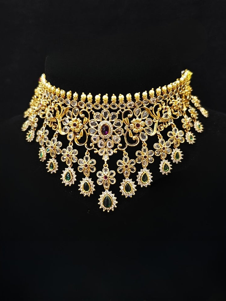 Gold American Diamond choker necklace set with earrings, product view