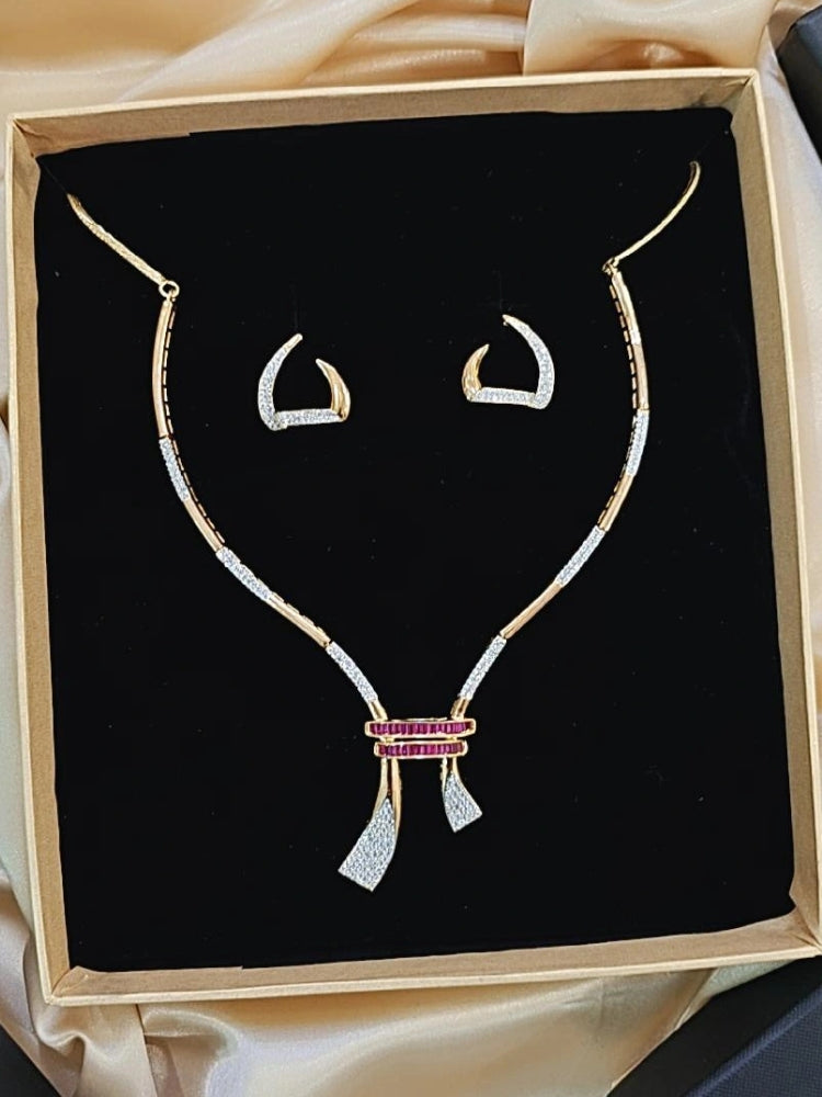 An elegant artificial diamond necklace and matching earrings. This premium artificial diamond jewelry set is perfect for special occasions, from Indian weddings to engagement parties, offering sophisticated glamour without the high price tag.