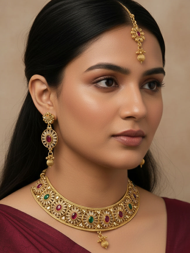 Anjana Red & Green Choker Necklace Set